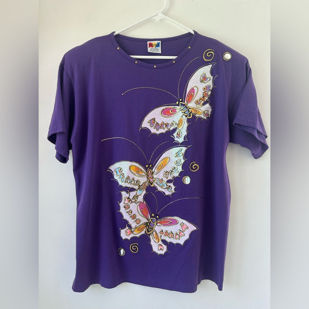 Vintage Focus Purple Cotton Blend Embellished Butterflies Long T-Shirt One Size